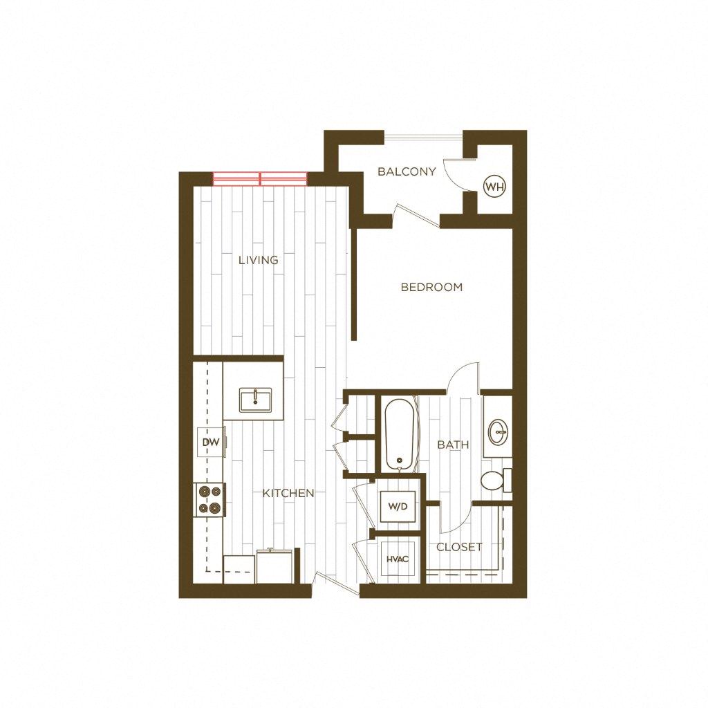 Floor plan for studio, 1 bath, 602 sqft